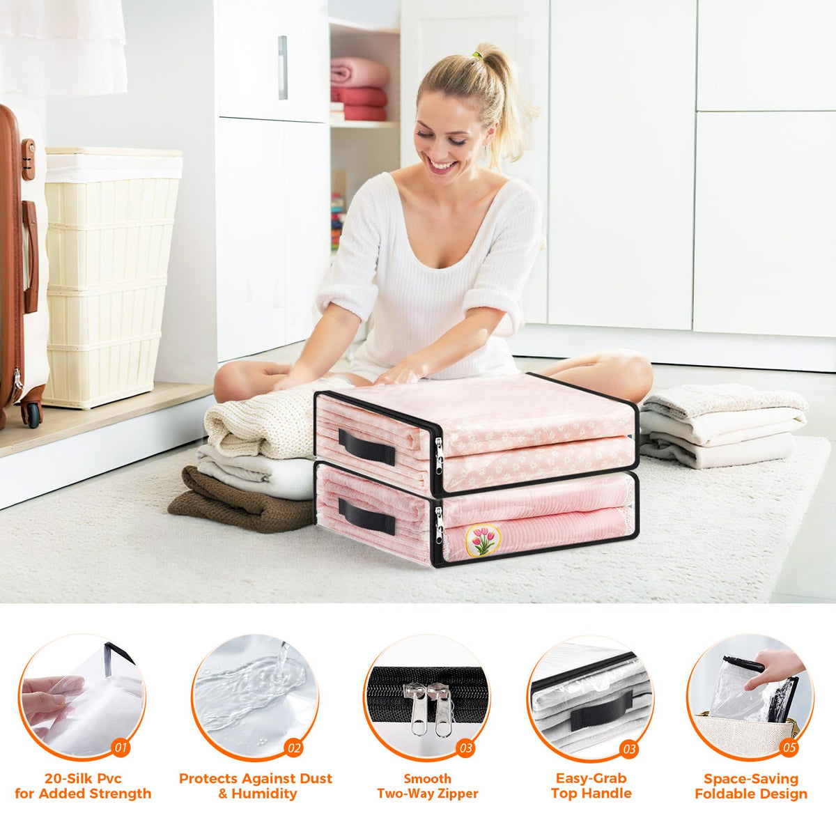 SpaceWhisper bedding-storage-bag keeps blankets neatly organized and protected.