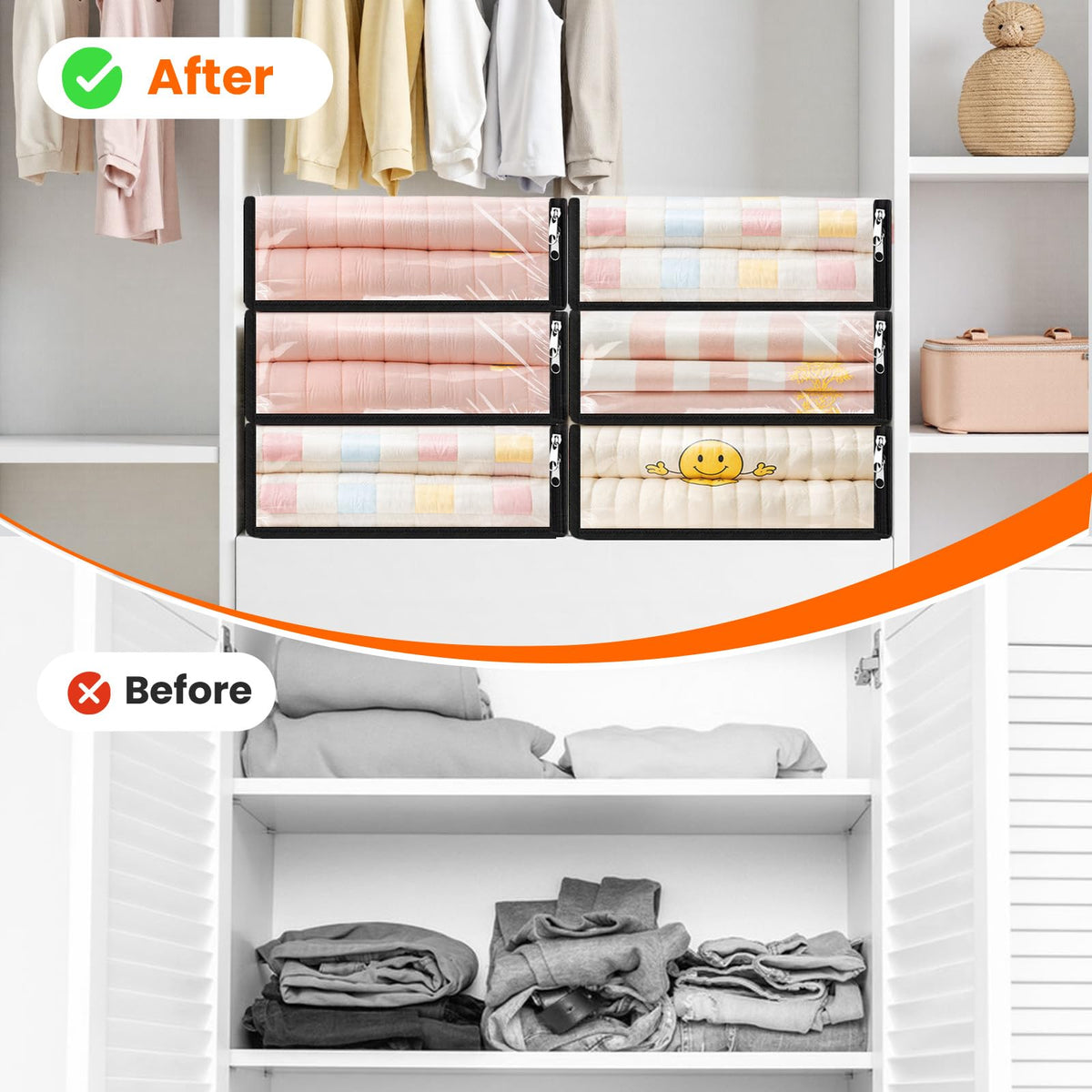 SpaceWhisper closet-organization bag aids tidy wardrobes with transparent visibility.