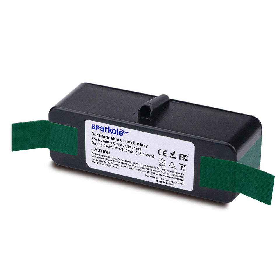 SPARKOLE 5300mAh battery close-up showing high capacity for longer Roomba runtime