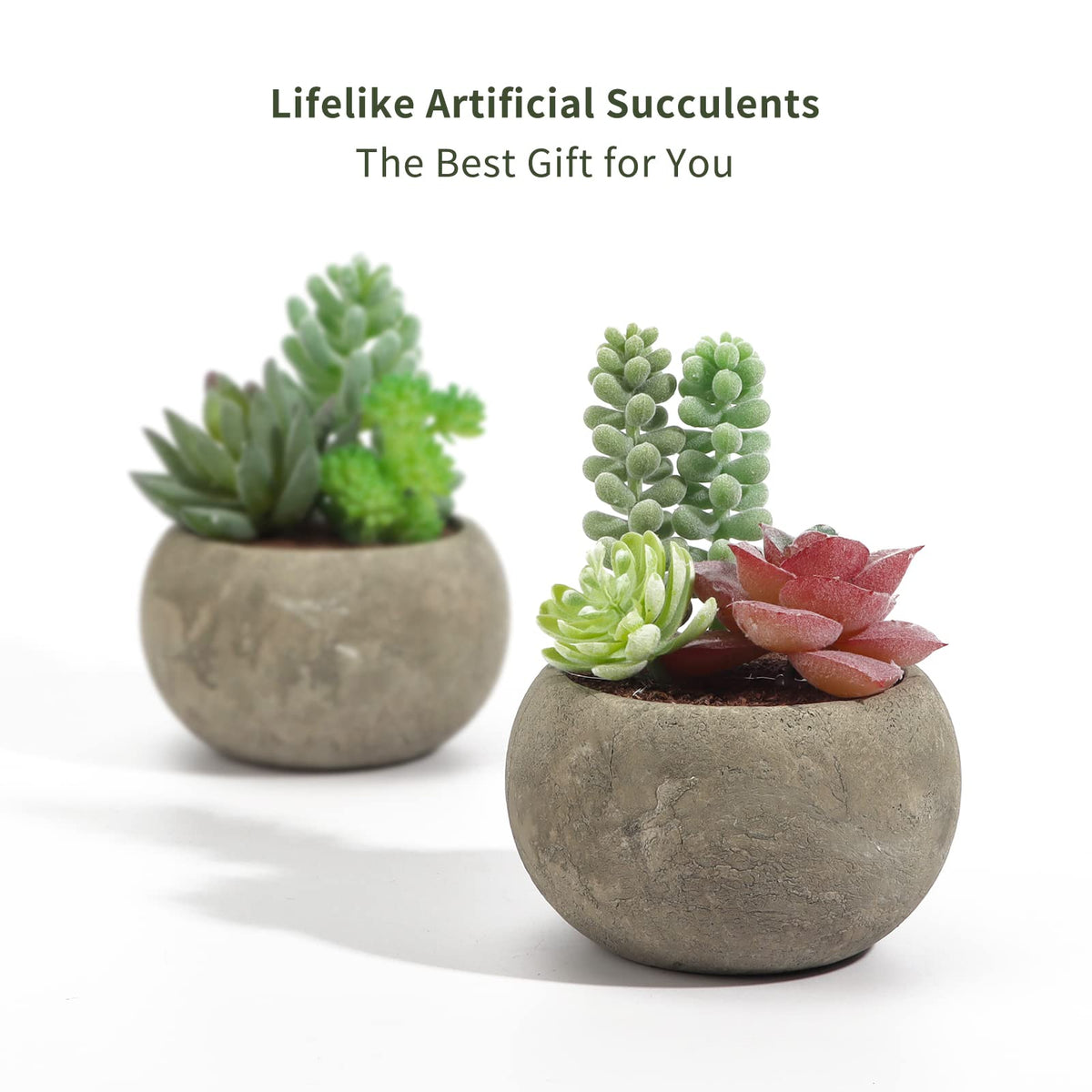 SPEPLA assorted small faux succulents brighten shelves with safe flocking.