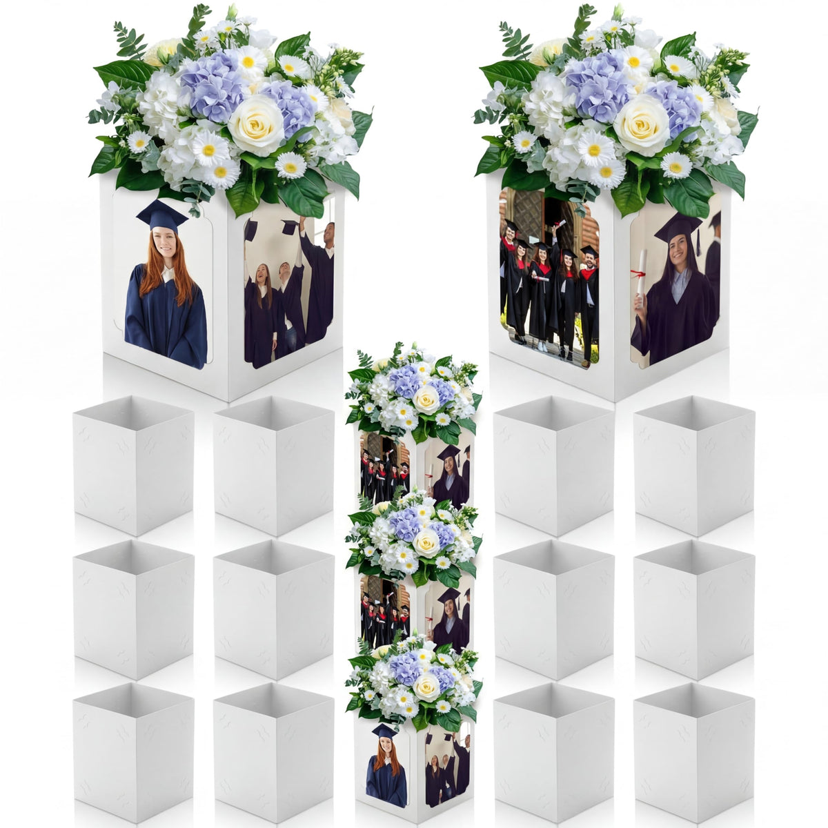 Spiareal graduation box centerpiece displays four-sided photo moments on a table.