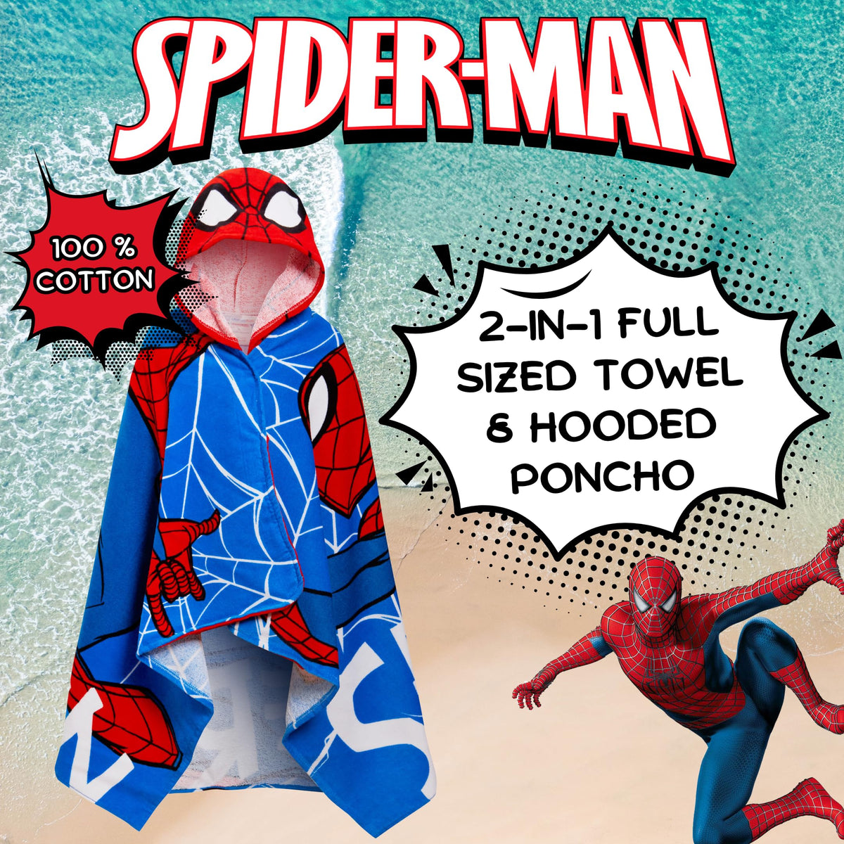 Spider-Man hooded towel at the beach for sun, sand, and quick drying