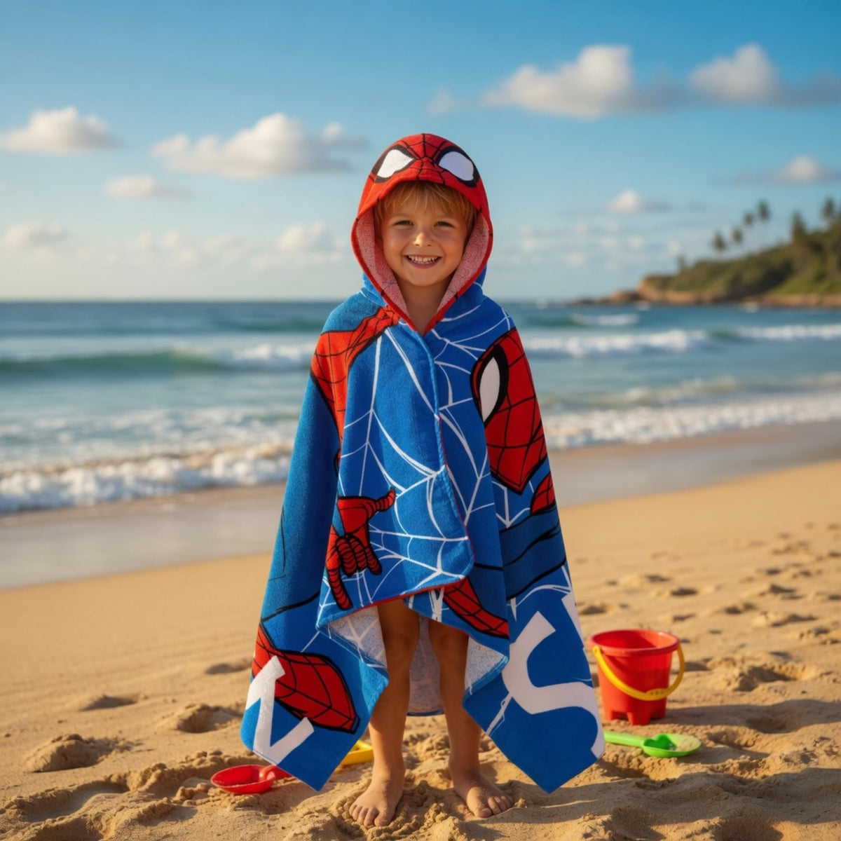 Spider-Man hooded towel corner pockets for easier wrapping