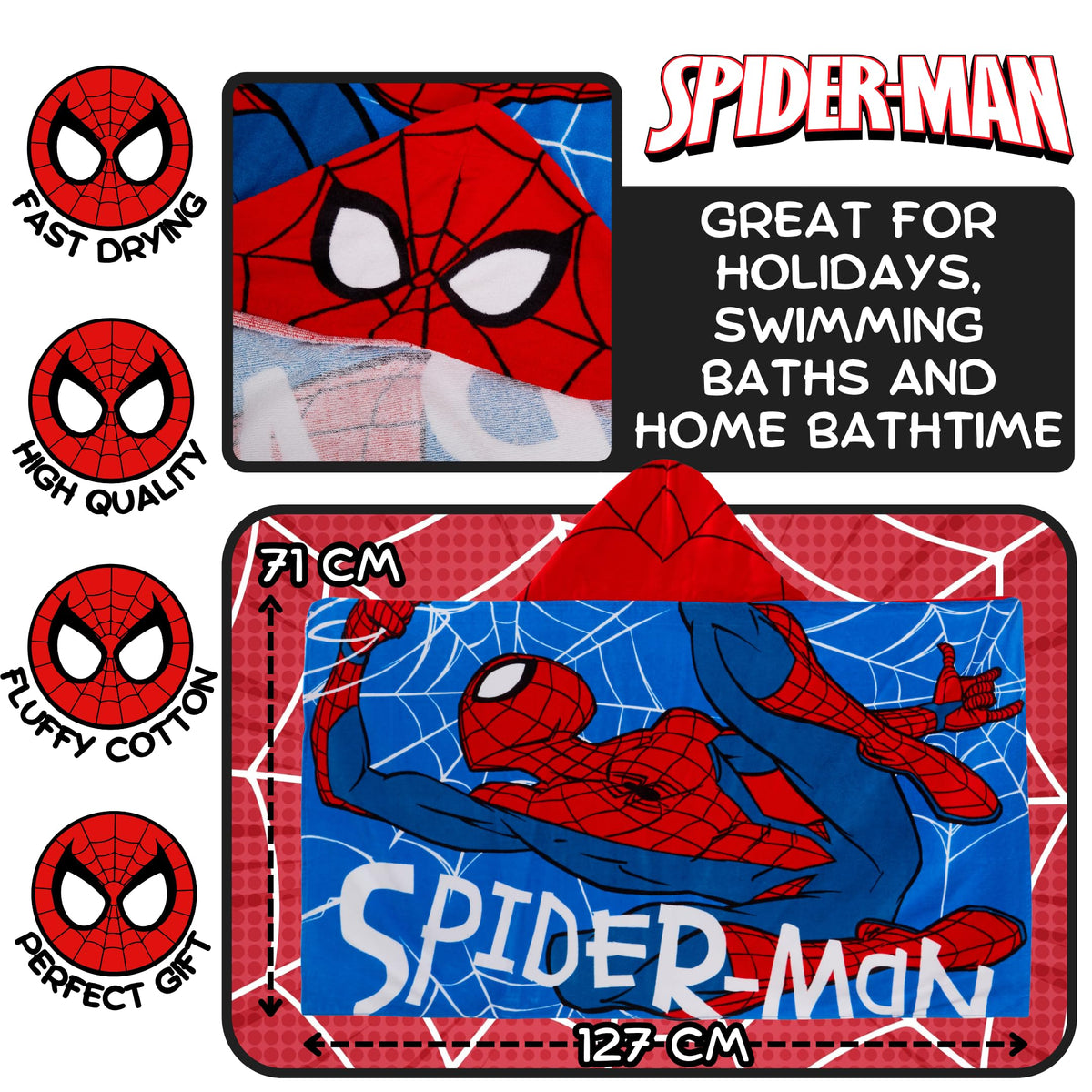 Spider-Man hooded towel soft 100% cotton for comfort
