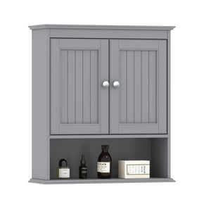 Spirich bathroom wall cabinet with gray beadboard door for organized space