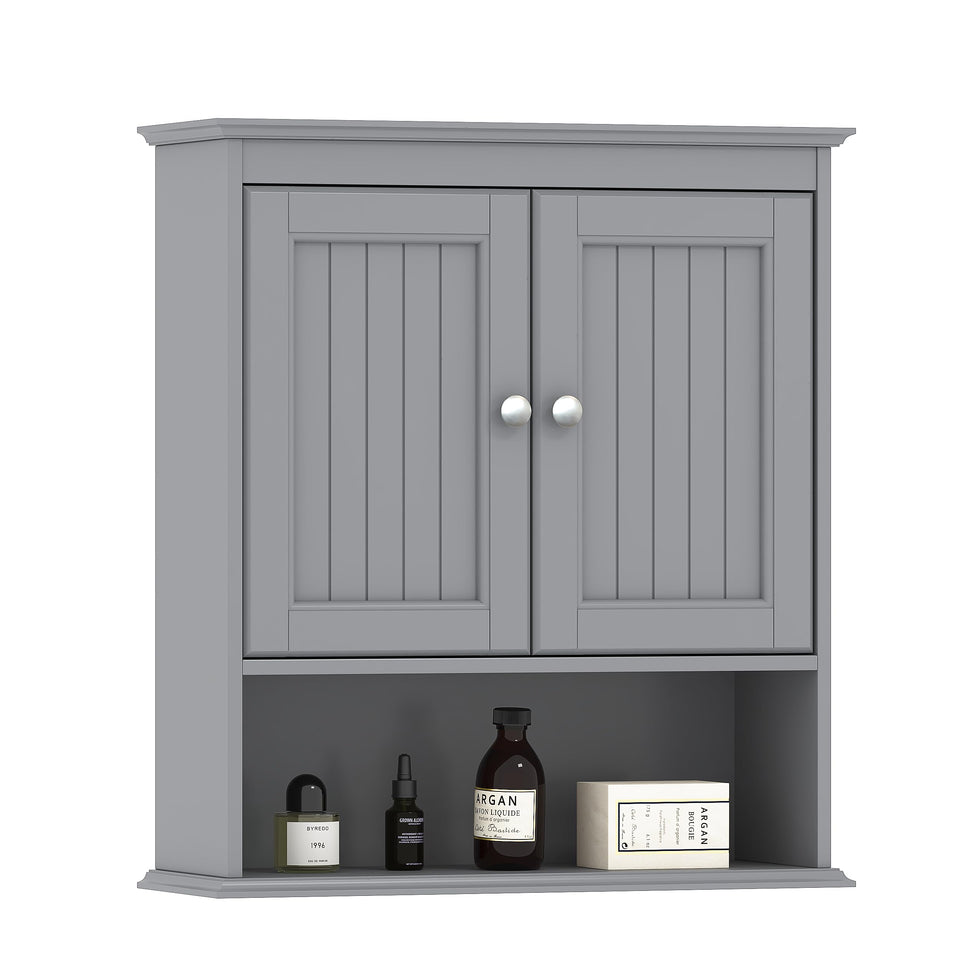 Spirich bathroom wall cabinet with gray beadboard door for organized space