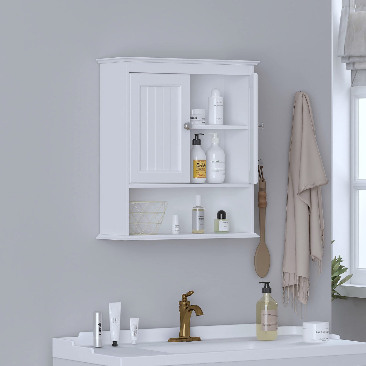 Spirich wall-mounted cabinet with open bottom shelf for easy access to daily items