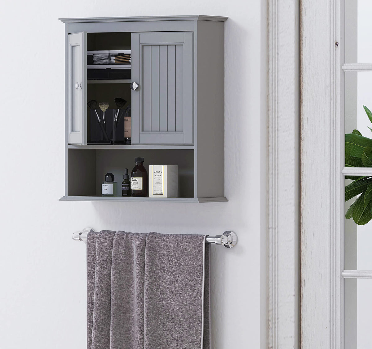 Spirich wall-mounted medicine cabinet with adjustable interior shelf
