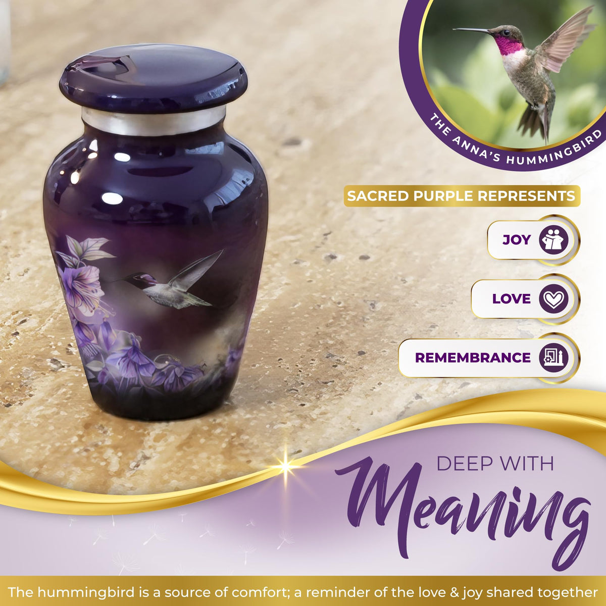 Spiritwind hummingbird urn botanical design on sacred purple surface