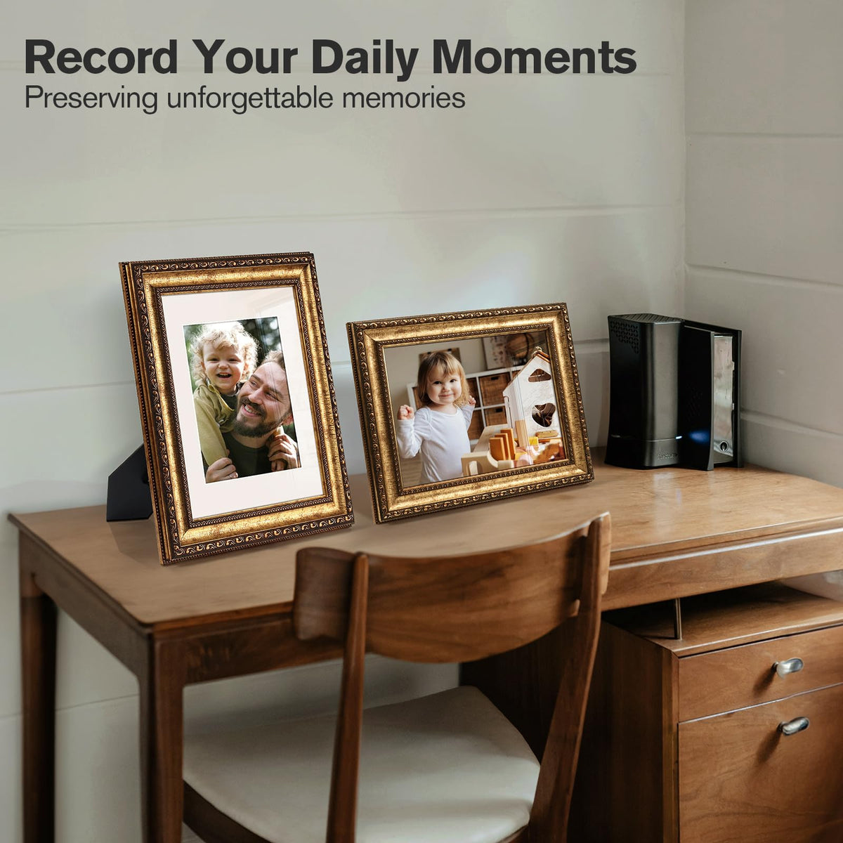 Splinterix frame on tabletop demonstrates versatile display for desks or shelves.