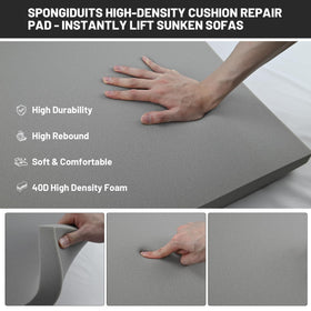 Spongiduits 20x20x2 curved foam panel under cushion for quick sag repair.