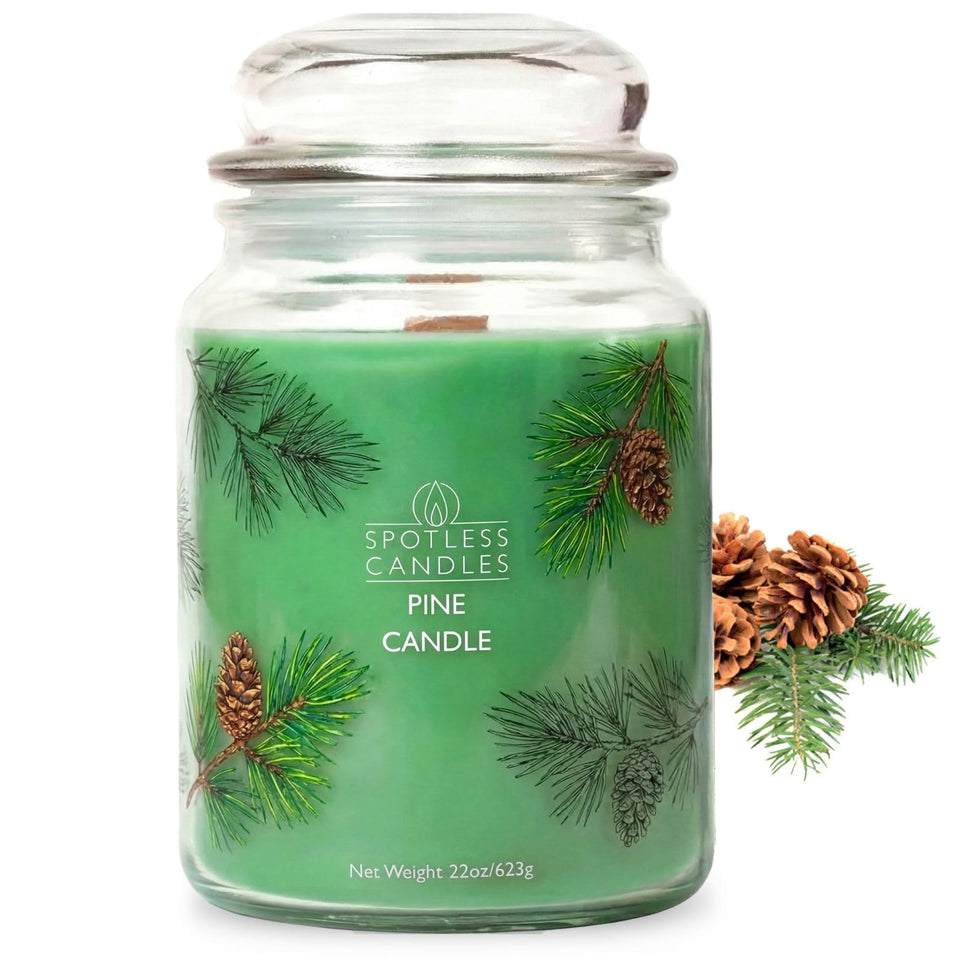 Spotless Leopard Pine Candle 22oz wooden wick close-up for clean burn and cozy ambiance.