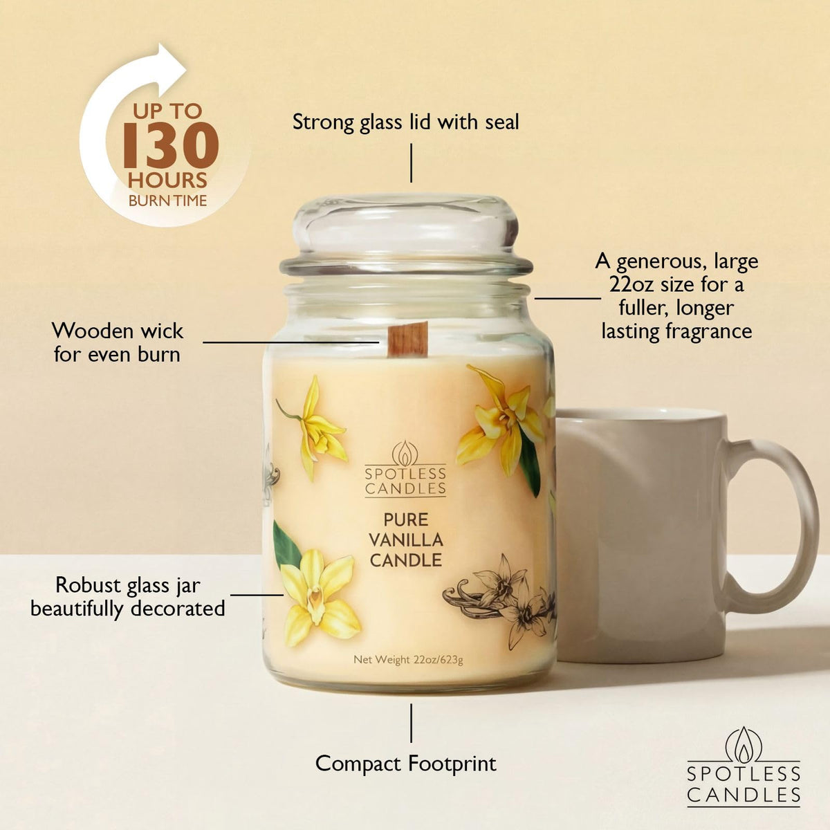 Spotless Leopard vanilla candle wooden wick crackle creates warm ambience.
