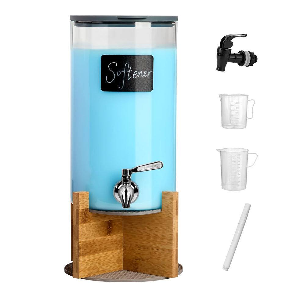 Spreccio glass detergent dispenser with holder for stylish laundry organization.