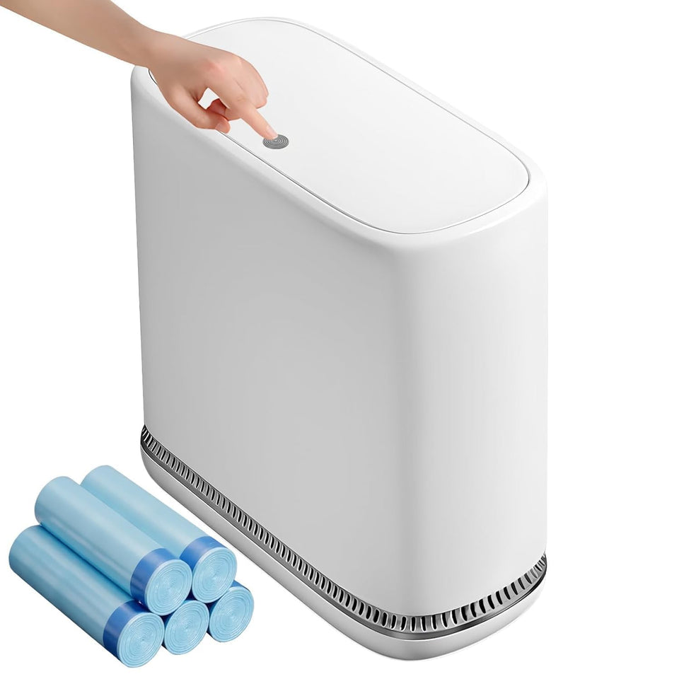 Spreezy bathroom trash can with lid shows compact profile for tight spaces.