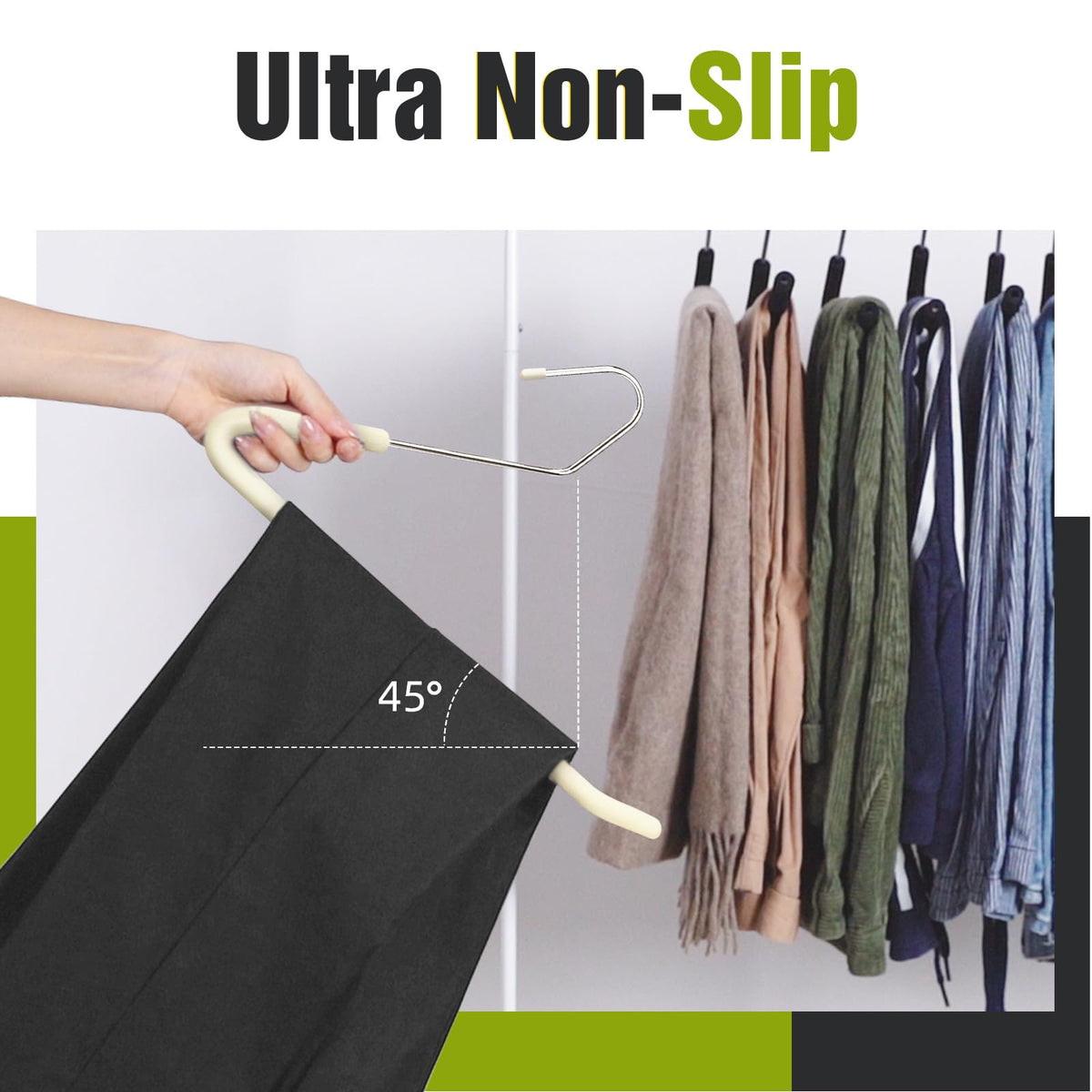 Spring Fever heavy-duty beige hanger supports multiple pants without deformation.