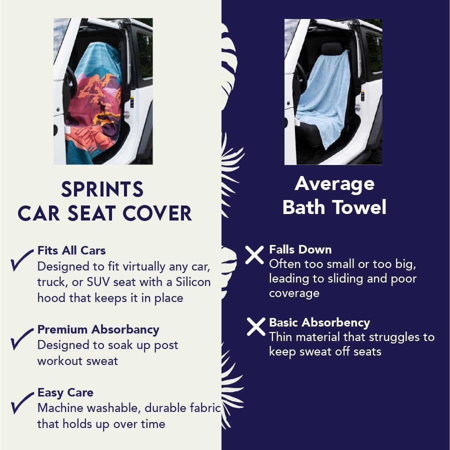 Sprints towel on a car seat showing headrest pocket used during workouts.