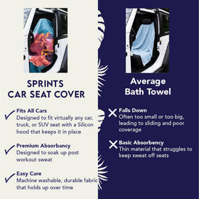 Sprints towel on a car seat showing headrest pocket used during workouts.