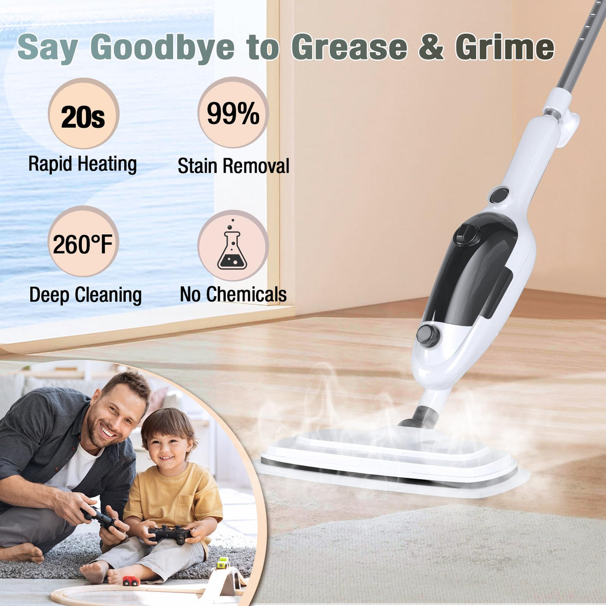 Sprobil handheld steam mop in action for quick, chemical-free cleaning