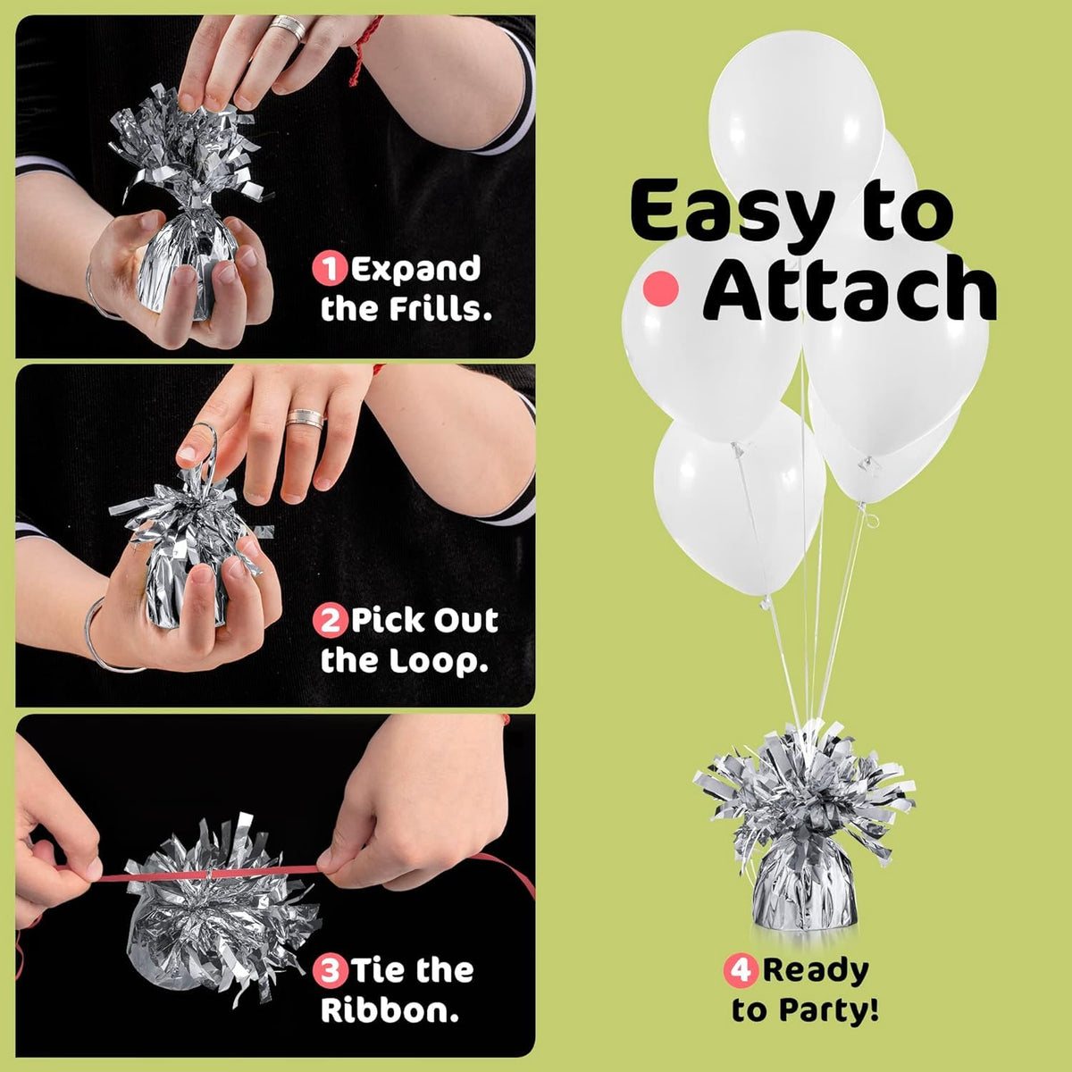 Srenta twelve-pack balloon weights provide versatile configurations.