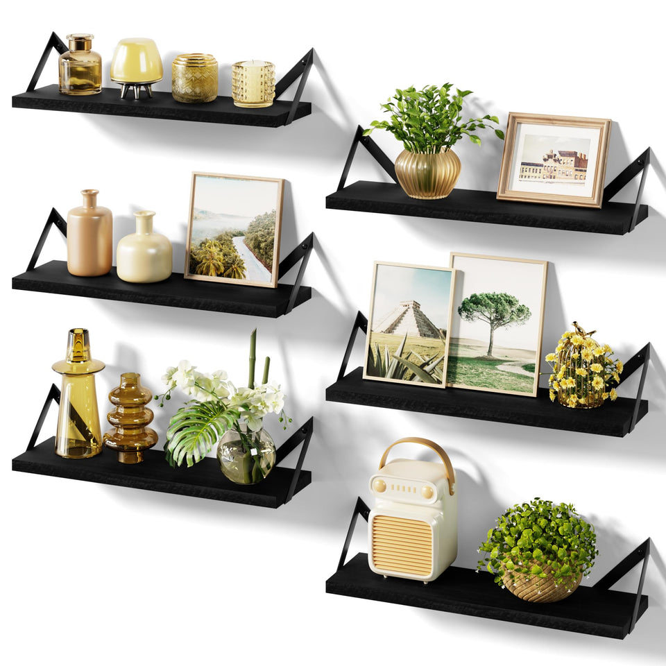 SRIWATANA weathered-black floating shelves for stylish wall decor.
