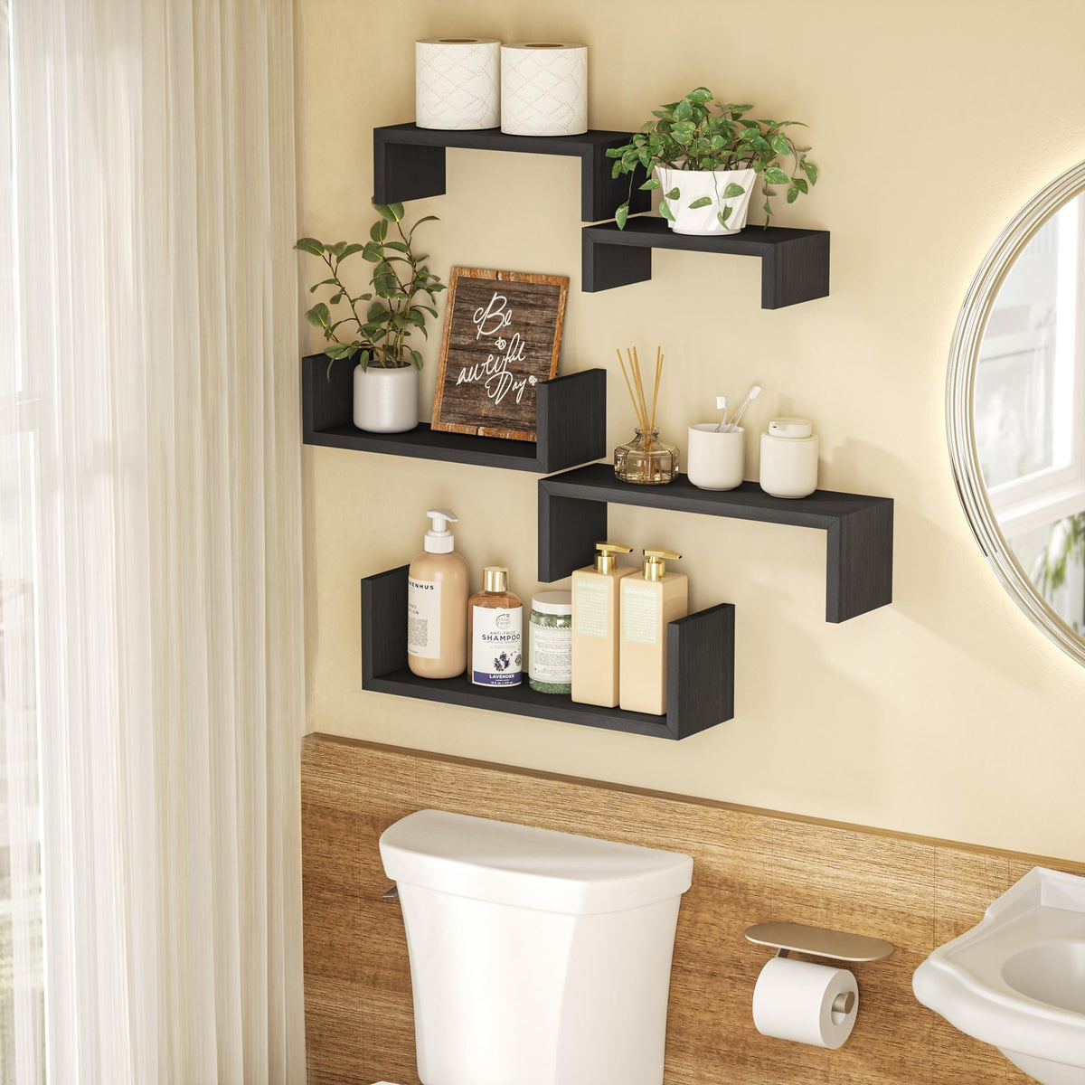 SRIWATANA weathered black shelves in bedroom functioning as stylish nightstands