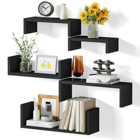 SRIWATANA weathered black floating shelves front view showing versatile storage options