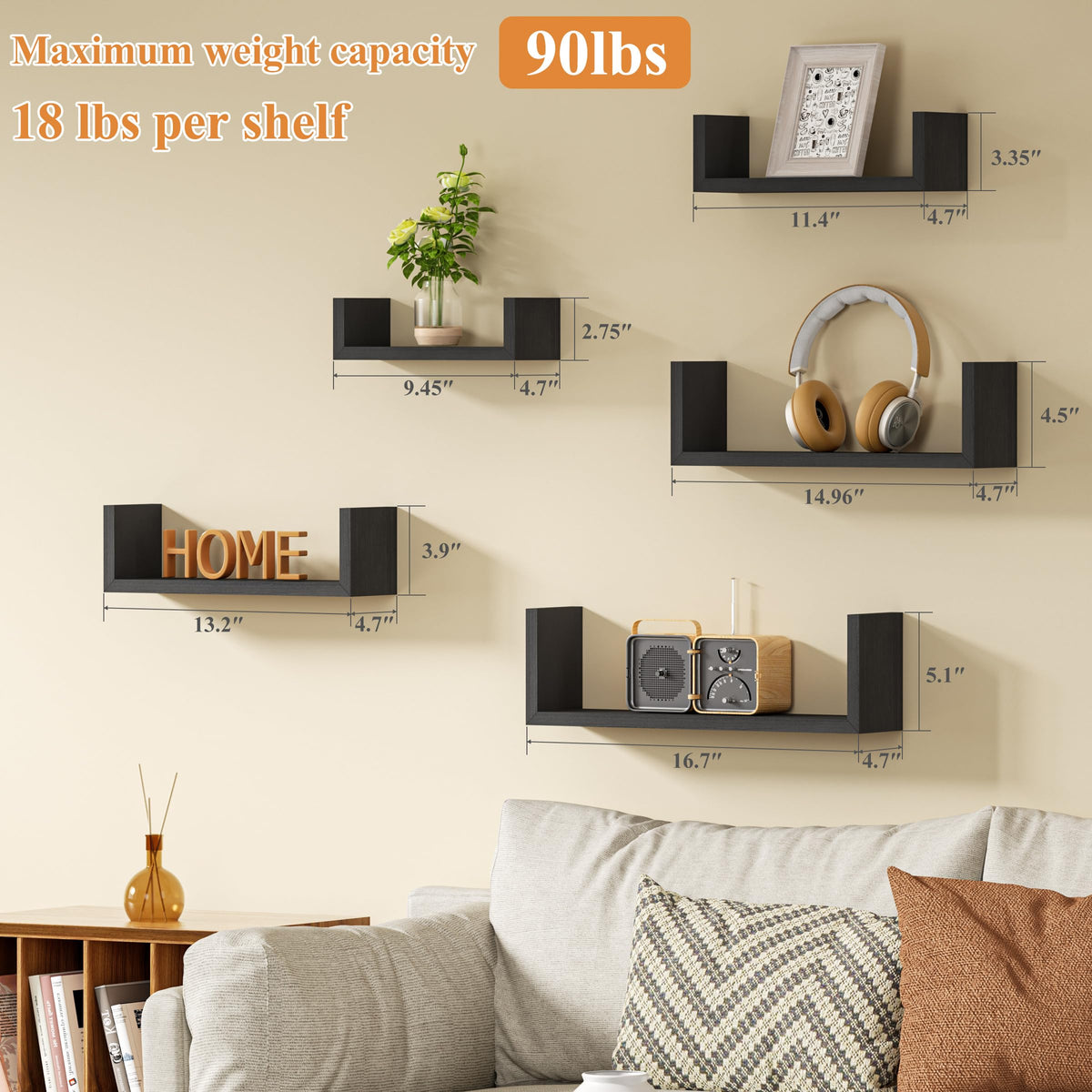 SRIWATANA weathered black floating shelves highlighting natural wood texture and balance