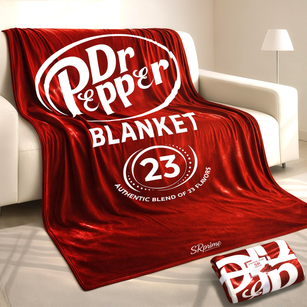 SRprime Dr Pepper Blanket fabric close-up shows plush fleece texture