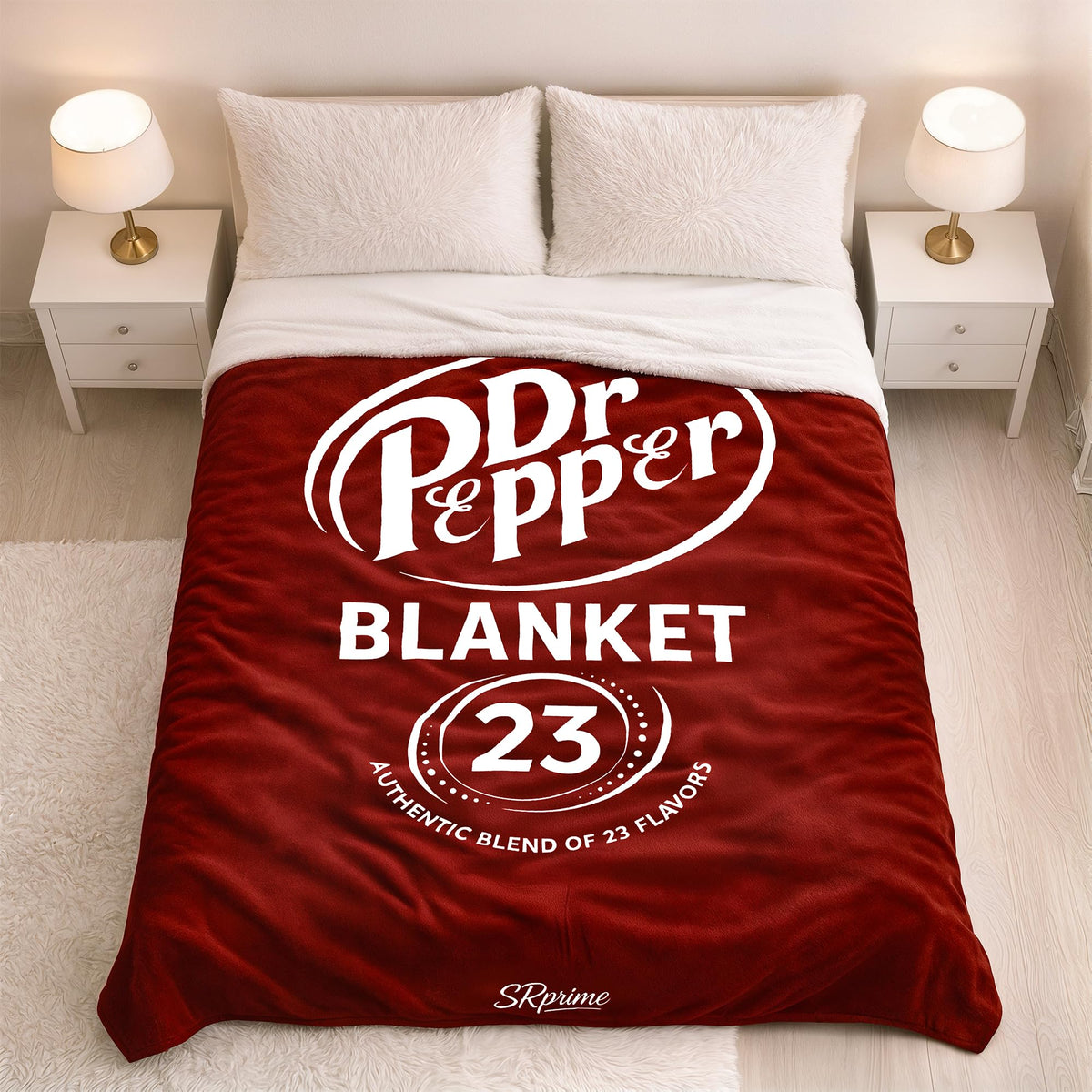 SRprime Dr Pepper Blanket spread on a bed for cozy warmth