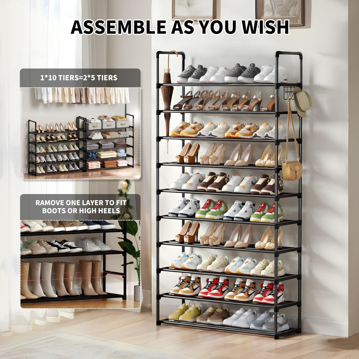 SRRSO shoe rack extended in a hallway shows compact vertical storage for footwear.