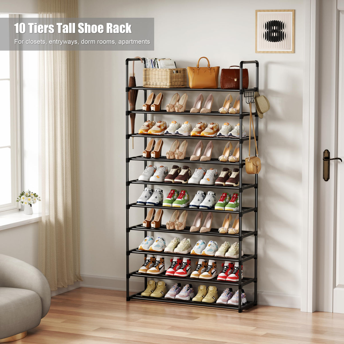 Side hooks on SRRSO rack holding umbrellas and bags efficiently.