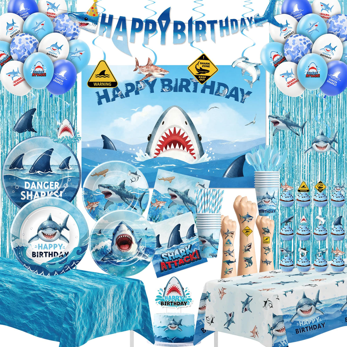 Srua Don Shark attack backdrop creates a dramatic ocean scene for parties.