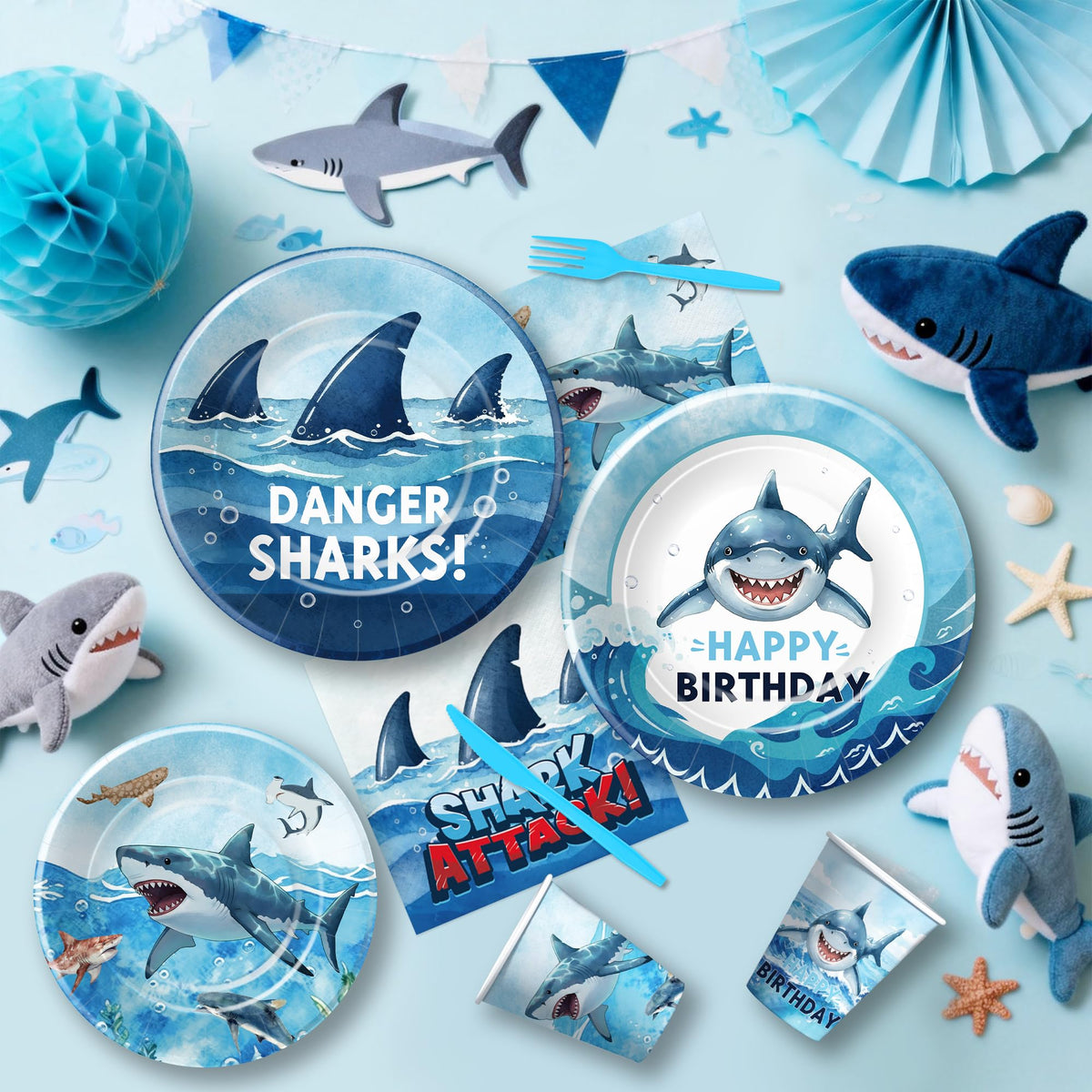 Srua Don shark cups offer leak-resistant sipping for sea-themed celebrations.