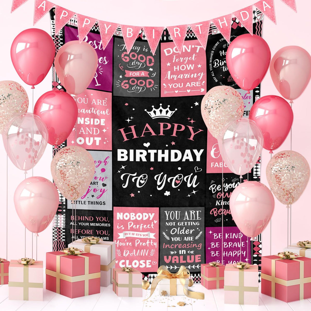 Sruemiul birthday decor blanket on display adds warm festive ambiance.