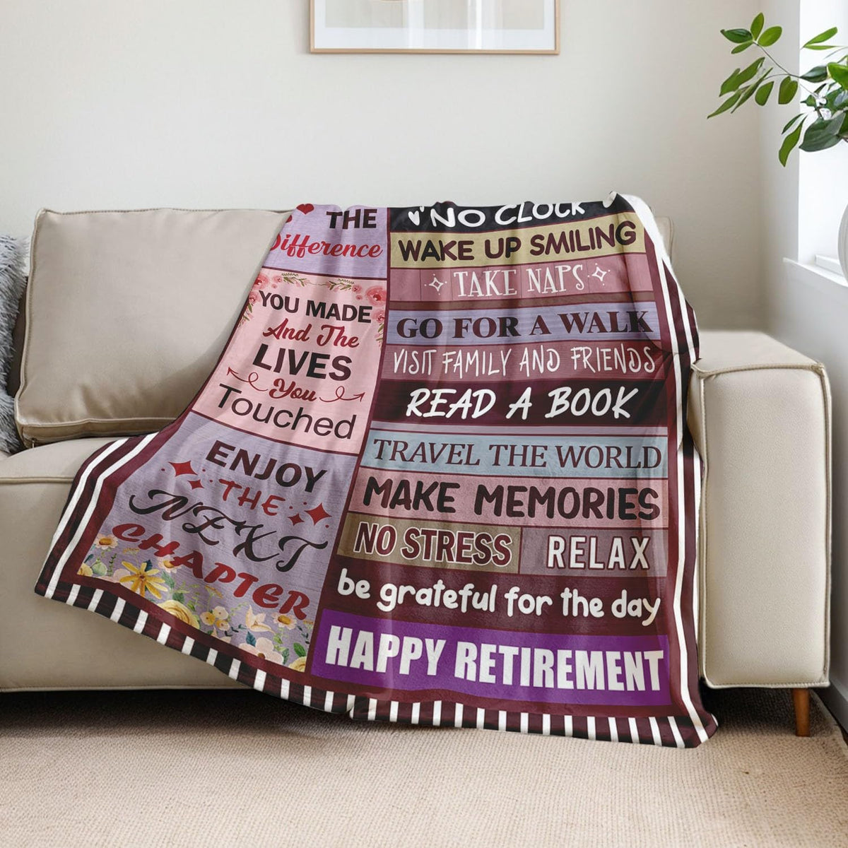 Sruemiul retirement blanket on a couch highlighting comfort in living room