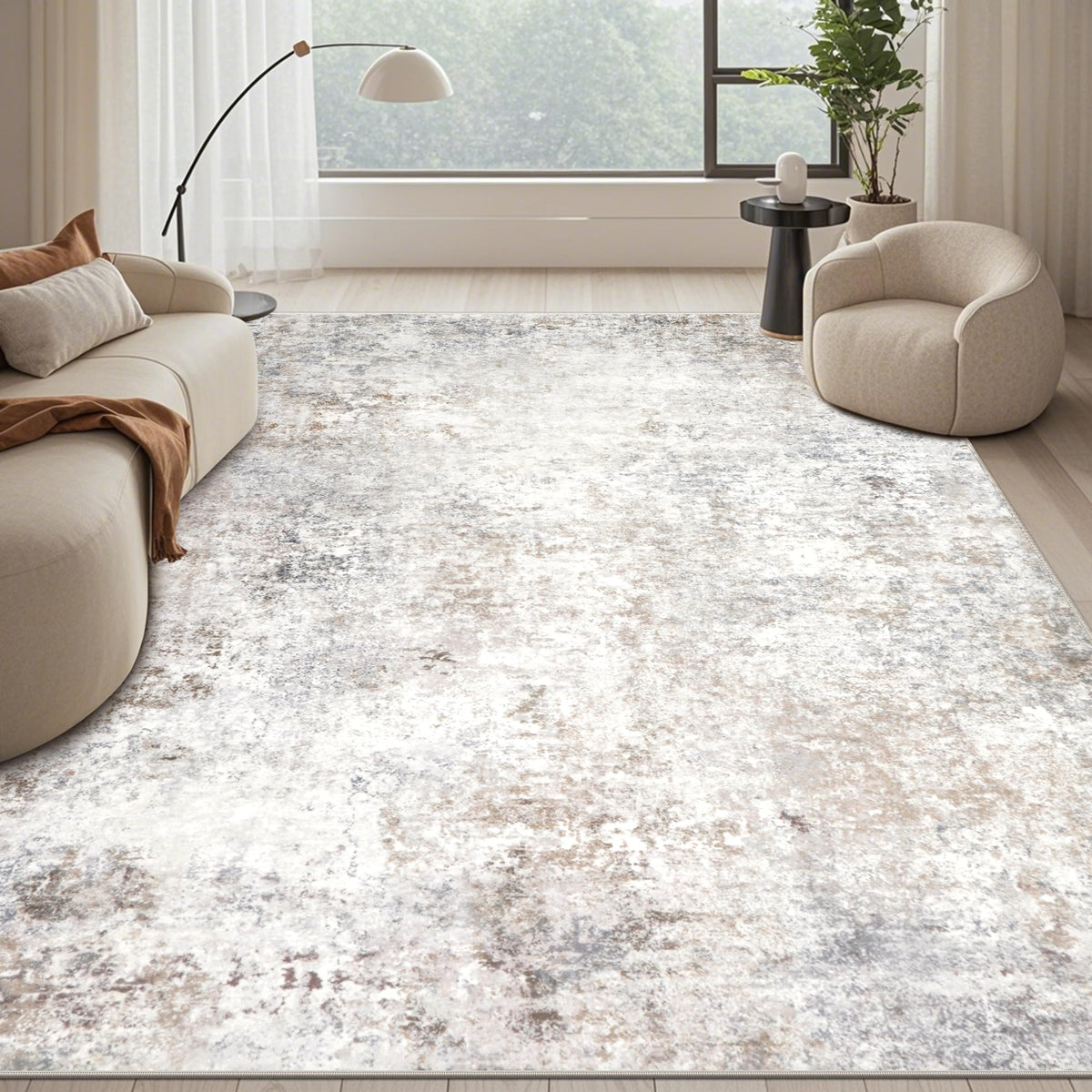 Srugn modern washable rug in living room abstract beige-grey for cozy, stylish gatherings