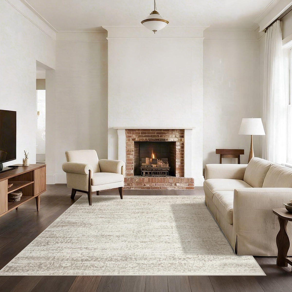 Srugn vintage print rug adds beige tones and retro charm to any room.