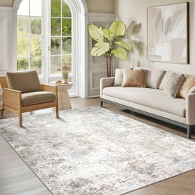 Srugn washable rug 5x7 in beige and grey offers plush comfort.