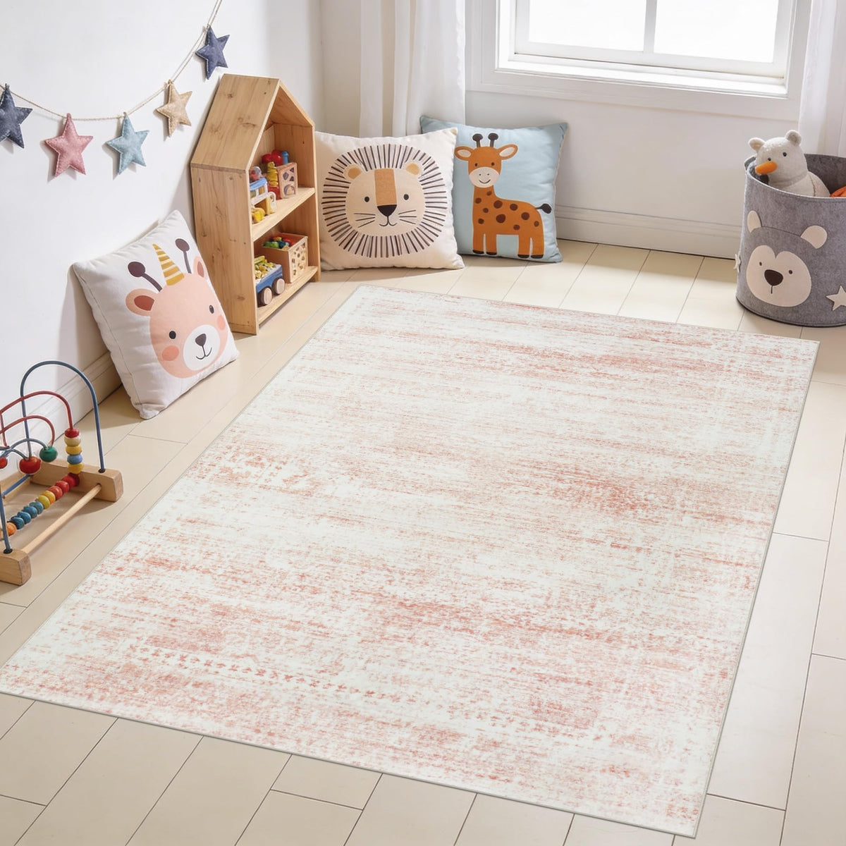 Srugn 5x7 washable rug in a bedroom setting with cozy appearance.