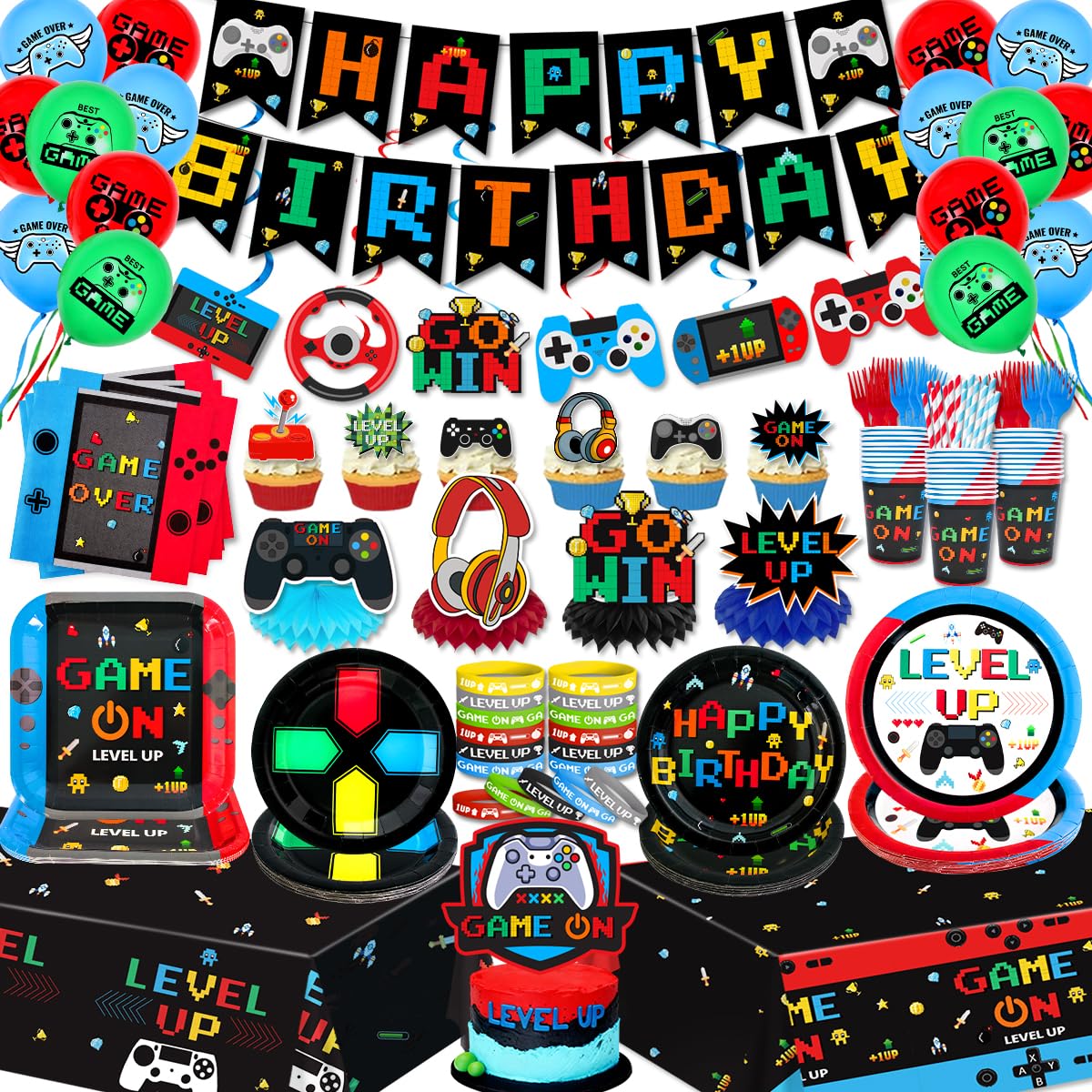 ssailue decor gamer banner for a vibrant birthday party with bold arcade-style graphics.