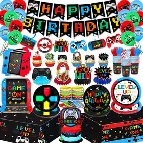 ssailue decor gamer banner for a vibrant birthday party with bold arcade-style graphics.