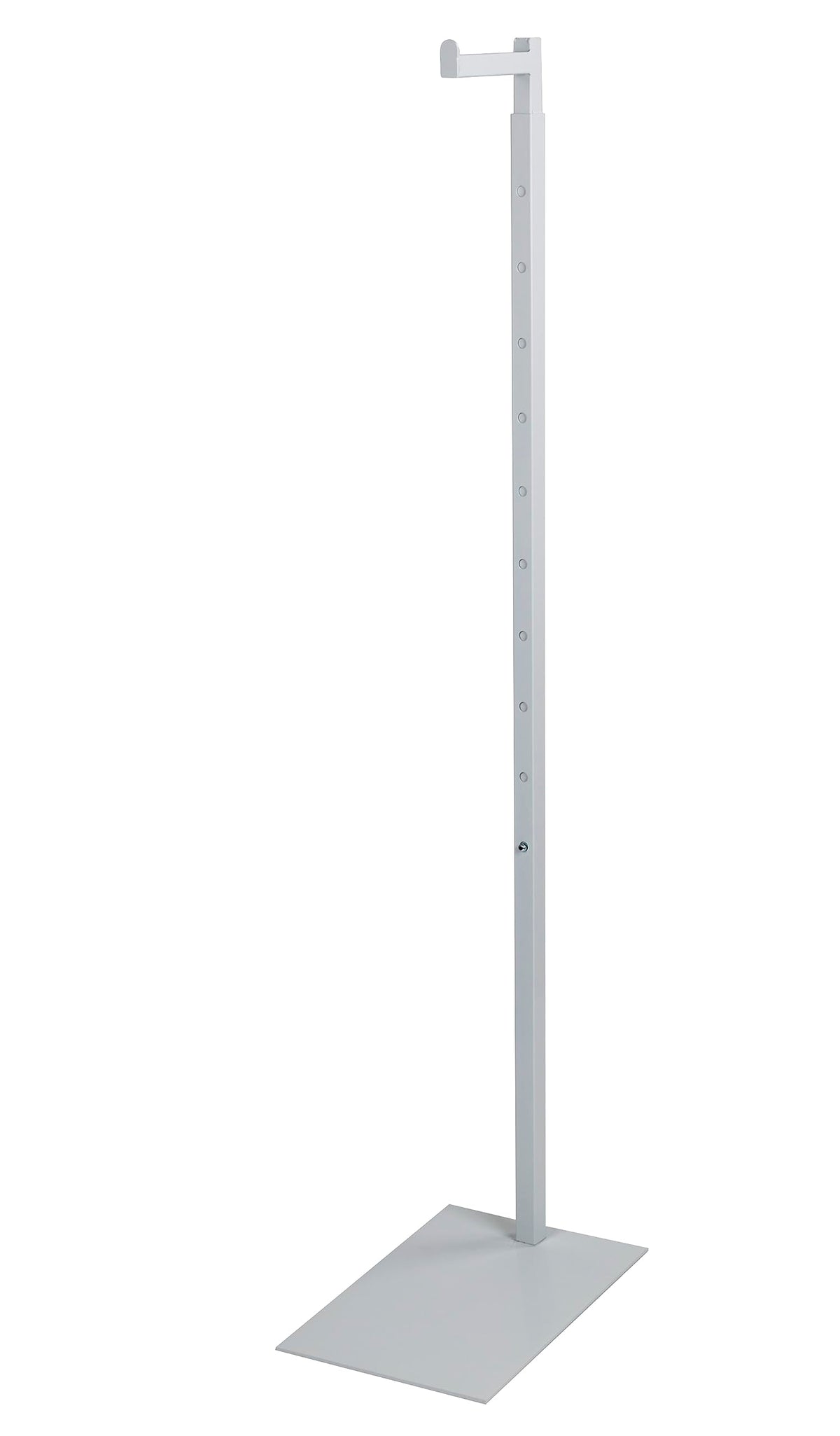 SSWBasics costumer stand front view highlights sleek white finish for boutique displays
