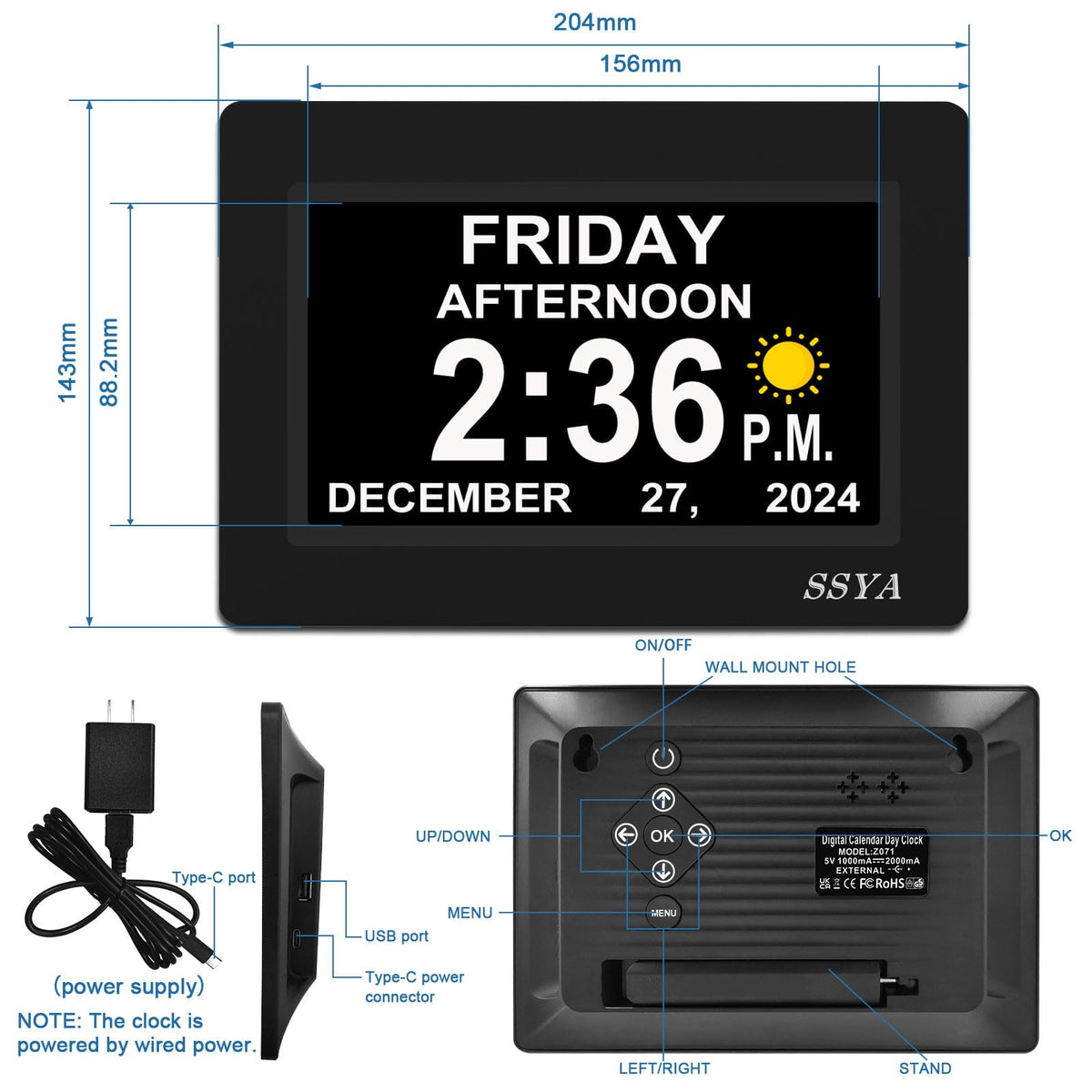 SSYA clock showing 12 alarm options for daily reminders