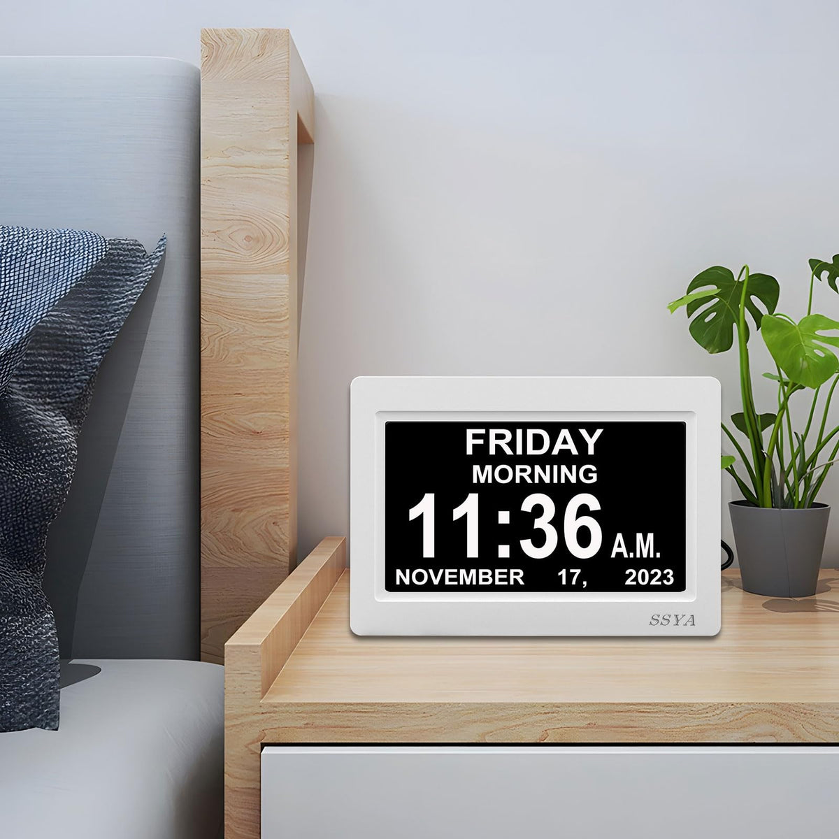 SSYA clock displaying alarm settings for daily routines and reminders