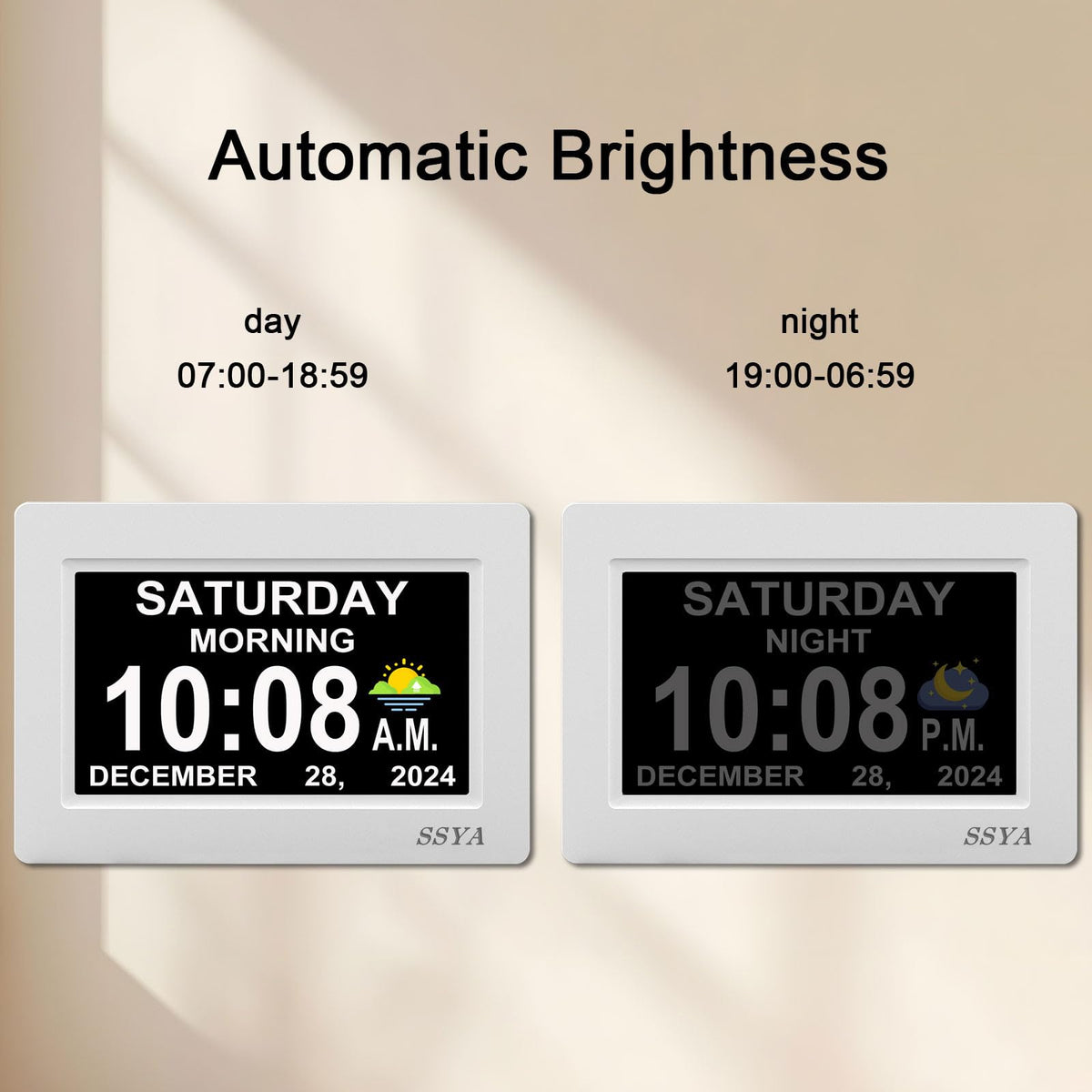 SSYA clock easy setup for quick placement and use by seniors or caregivers
