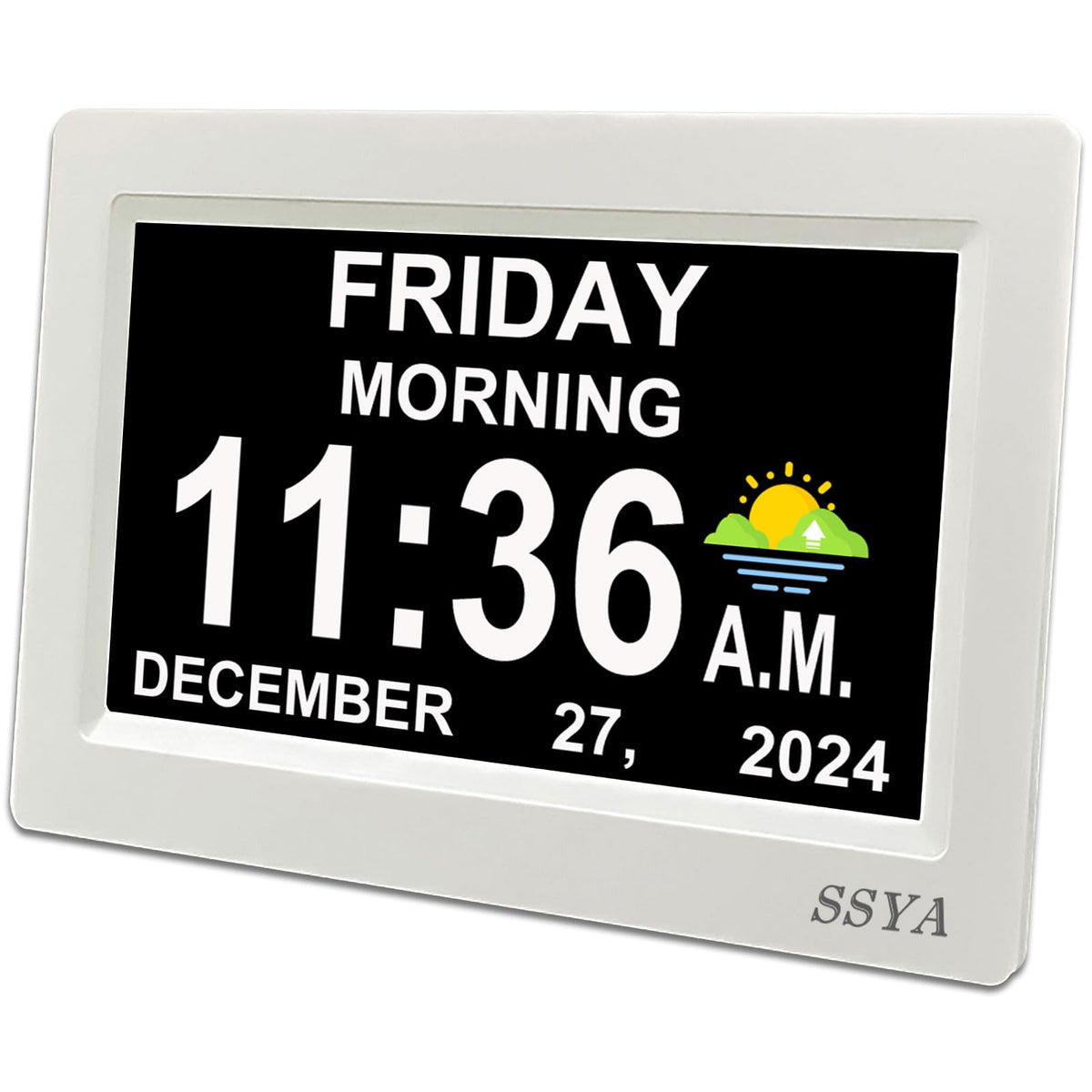 SSYA Digital Calendar Alarm Clock front view with clear 7-inch display for easy reading