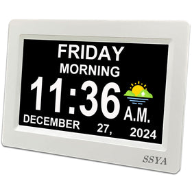 SSYA Digital Calendar Alarm Clock front view with clear 7-inch display for easy reading