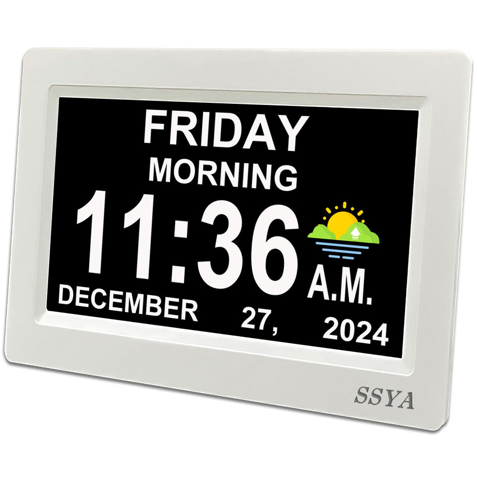 SSYA Digital Calendar Alarm Clock front view with clear 7-inch display for easy reading