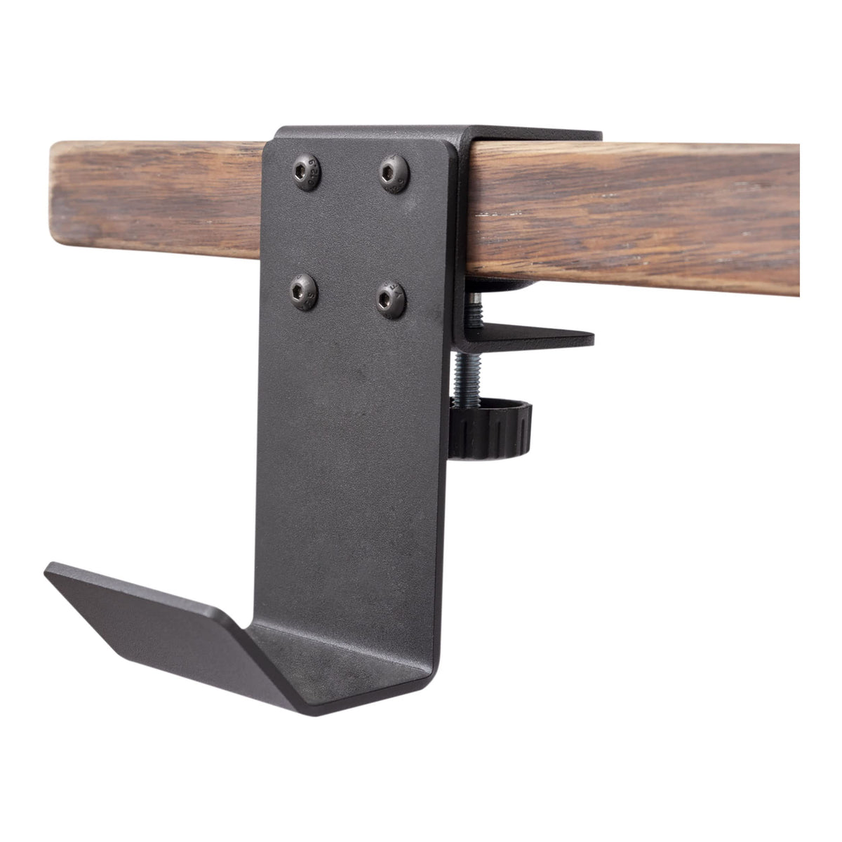 Stand Up Desk Store clamp-on headphone hanger, black, keeps headphones within reach and off the desk.